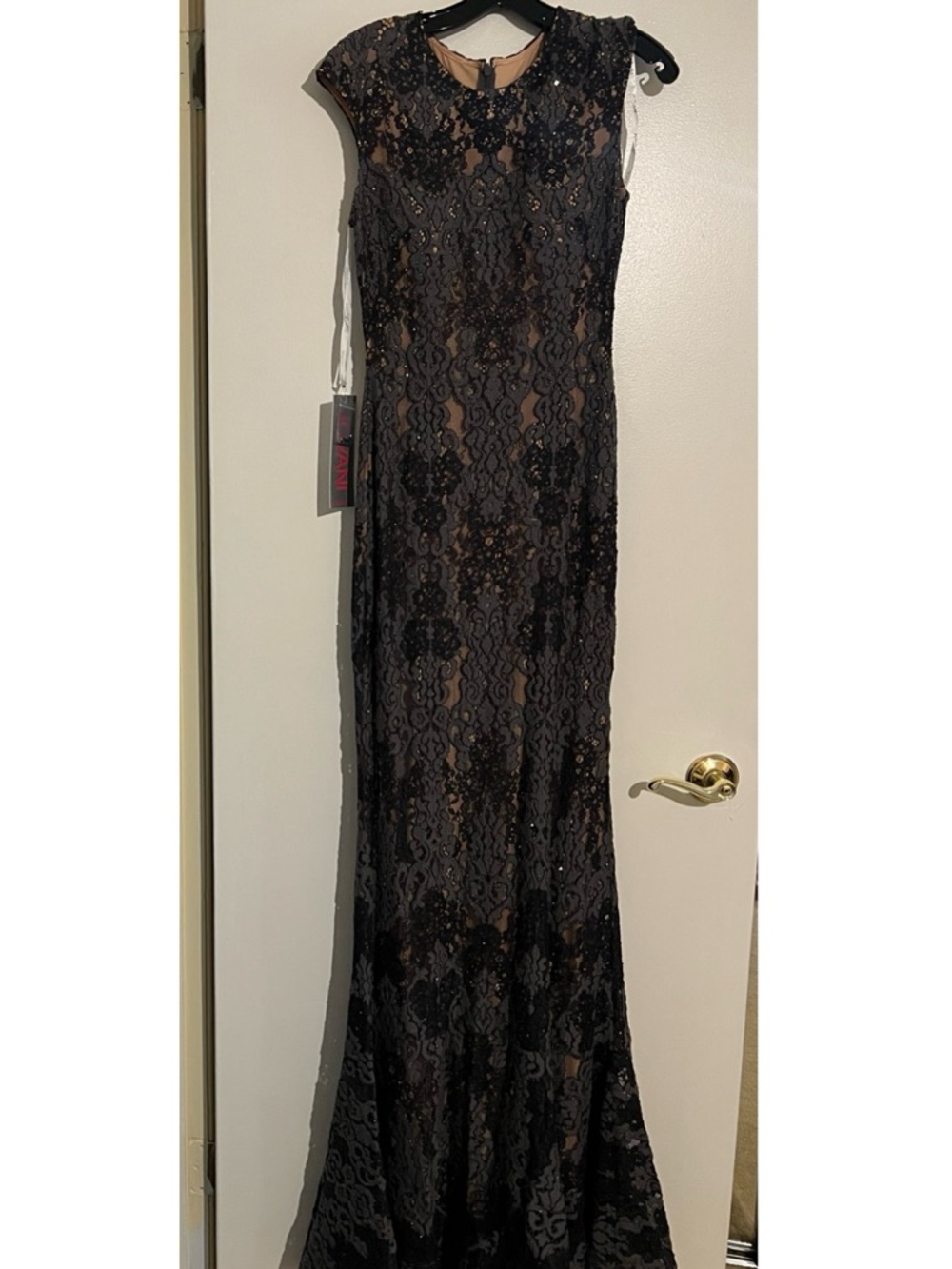 Jovani Black Lace Maxi Gown with Nude Underlay